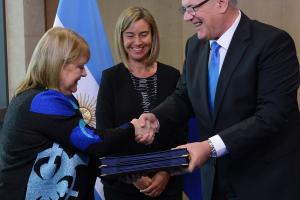 Foreign Minister Susana Malcorra, HR/VP Federica Mogherini and European Commissioner for Int.Cooperation and Development, Mimica